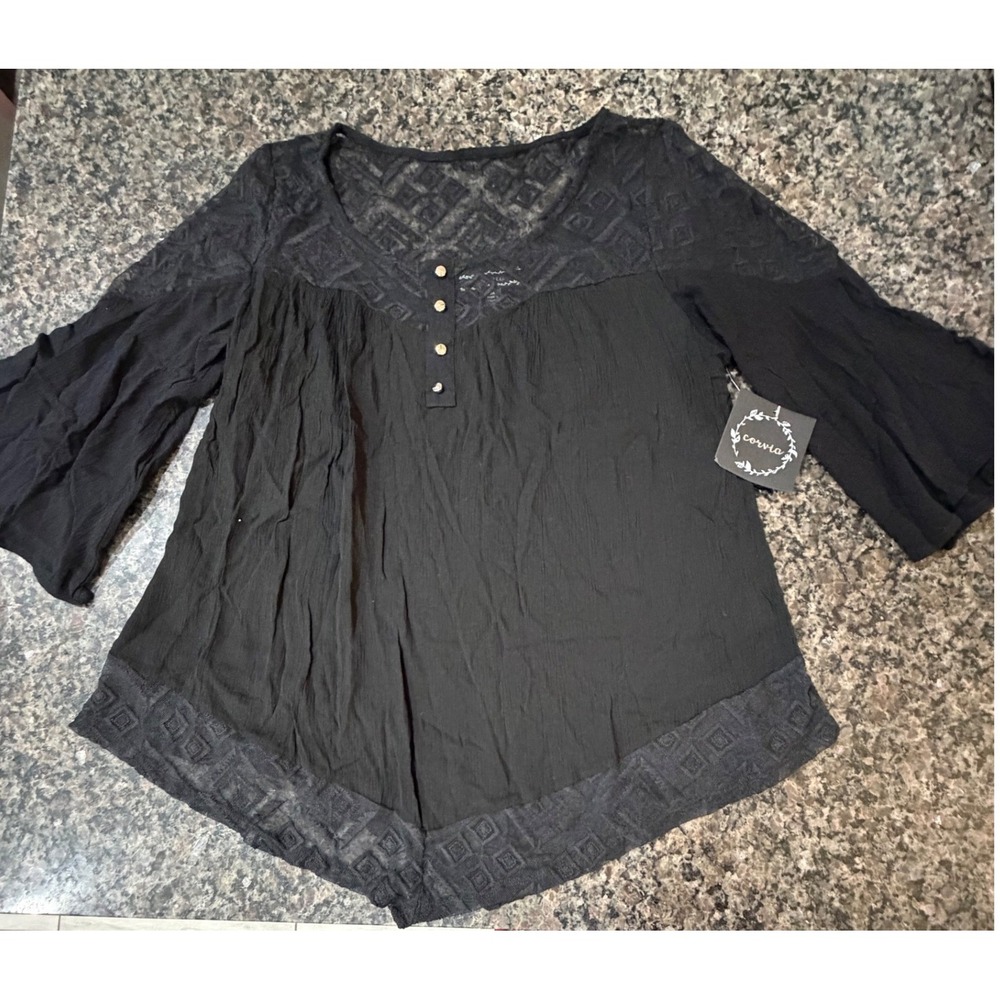 Corvia Black Lace Trim Boho Blouse Bell Sleeve Crinkle Peasant Top Medium